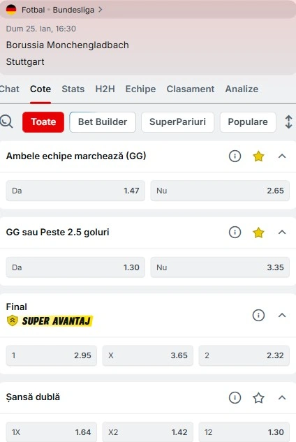 Cote pariuri Monchengladbach vs Stuttgart