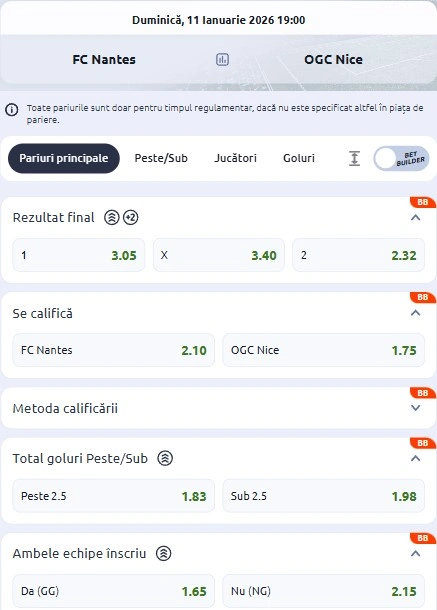 Cote pariuri Nantes vs Nice