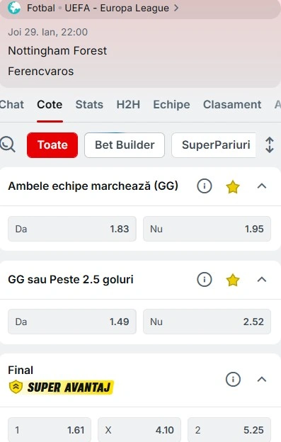 Cote pariuri Nottingham Forest vs Ferencvaros