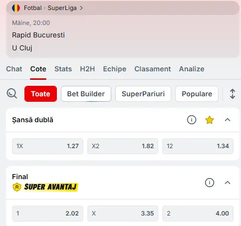 Cote pariuri Rapid București vs U Cluj la Superbet