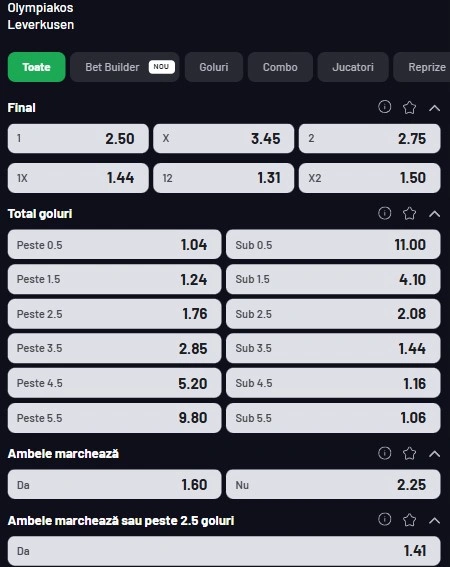 Cote pariuri Olympiakos vs Leverkusen
