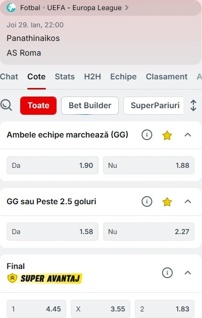 Cote pariuri Panathinaikos - AS Roma