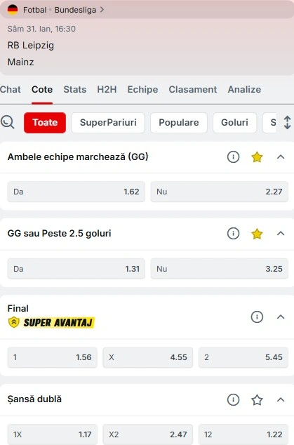 Cote pariuri RB Leipzig vs Mainz