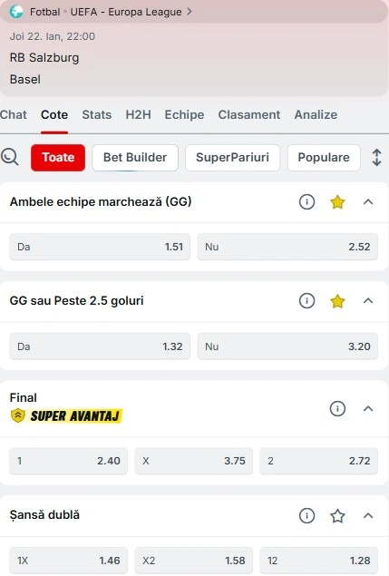 Cote pariuri RB Salzburg - Basel