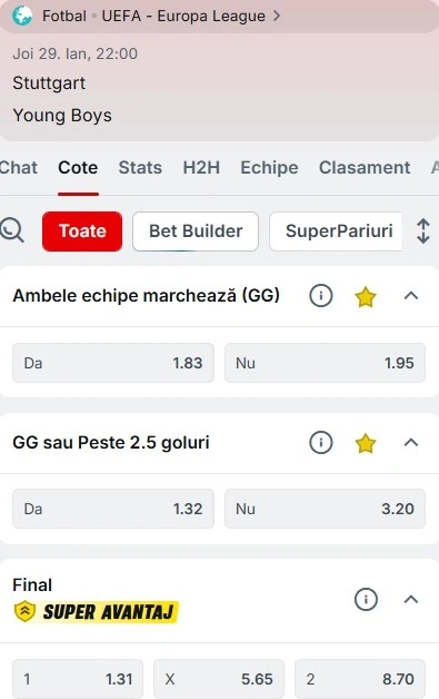 Cote pariuri Stuttgart vs Young Boys