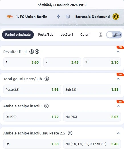 Cote pariuri Union Berlin vs Dortmund