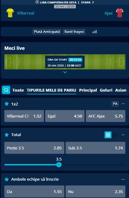 Cote pariuri Villarreal vs Ajax