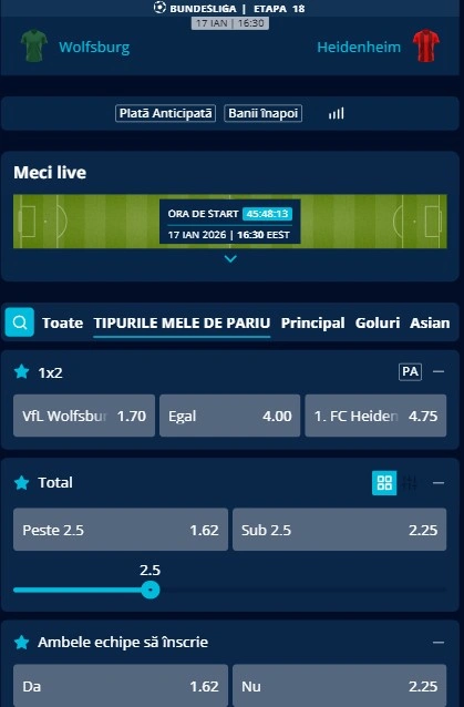 Cote pariuri Wolfsburg vs Heidenheim