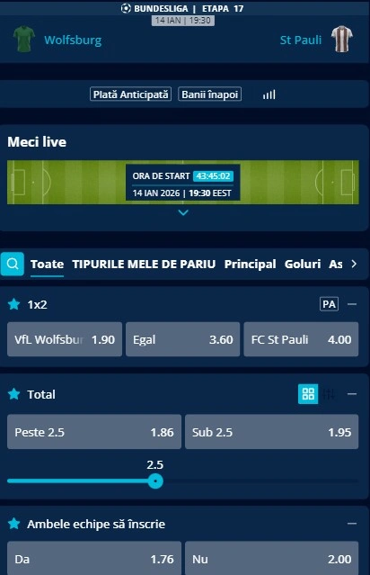 Cote pariuri Wolfsburg vs St Pauli