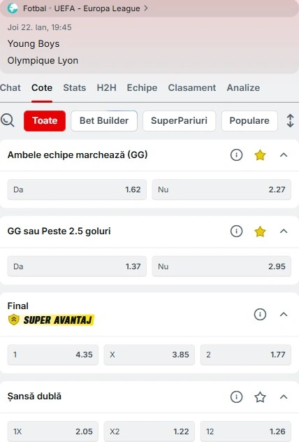 Cote pariuri Young Boys vs Lyon