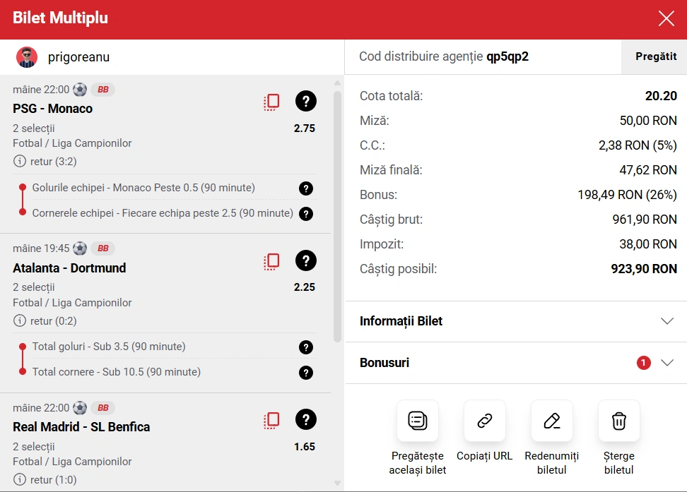 Biletul zilei Betbuilder la Casa Pariurilor în cotă mare, 25 februarie 2026