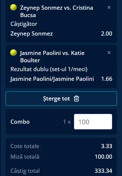 Biletul zilei WTA la Mr Bit - aticipăm noi prestații bune din partea lui Sonmez și Paolini la Merida 2026 Open