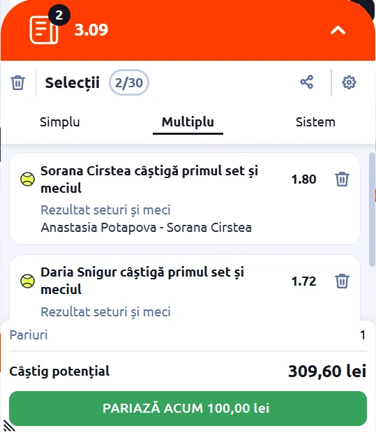 Biletul zilei de la Cluj-Napoca WTA - Cotă 3.09 la Betano