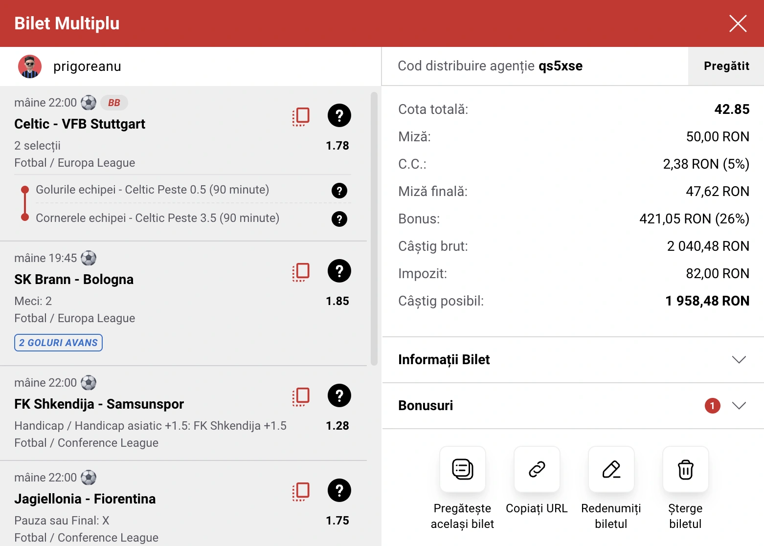 Biletul zilei la Casa Pariurilor. Pronosticuri pe Europa și Conference League, 19.02.2026