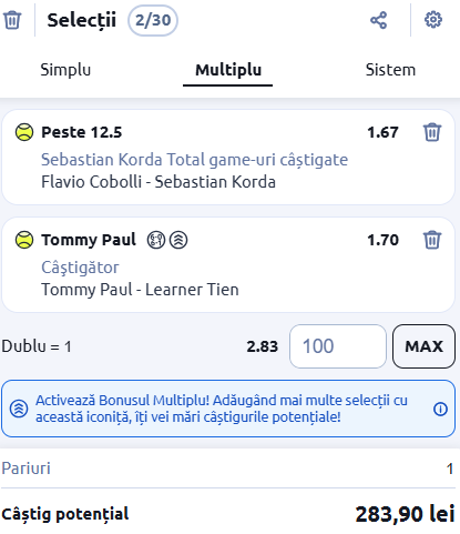 Biletul zilei tenis 21 februarie 2026