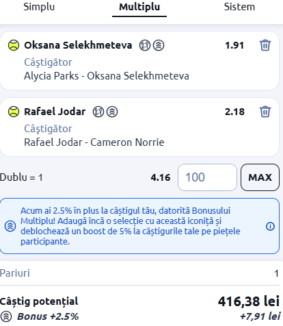 Biletul zilei tenis 23 februarie 2026