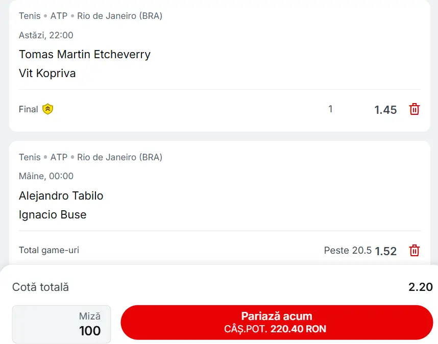 Cota 2 ATP la Superbet - Rio 2026 Open ne propune un combo format dintr-un solist și total game-uri