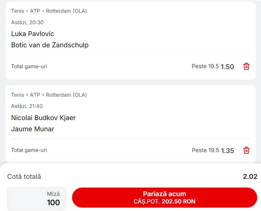 Cota 2 ATP la Superbet - meciuri deschise oricărui rezultat la Rotterdam