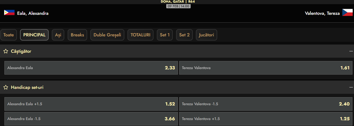Cote Pariuri Alexandra Eala vs Tereza Valentova