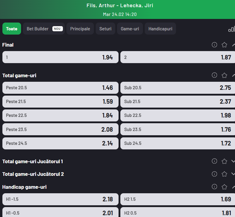 Cote Pariuri Arthur Fils vs Jiri Lehecka