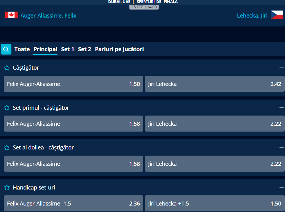 Cote Pariuri Auger-Aliassime vs Jiri Lehecka