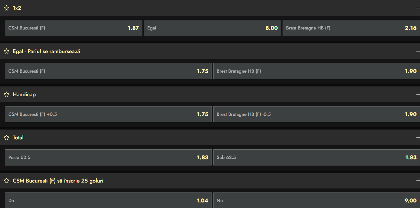 Cote Pariuri CSM București vs Brest