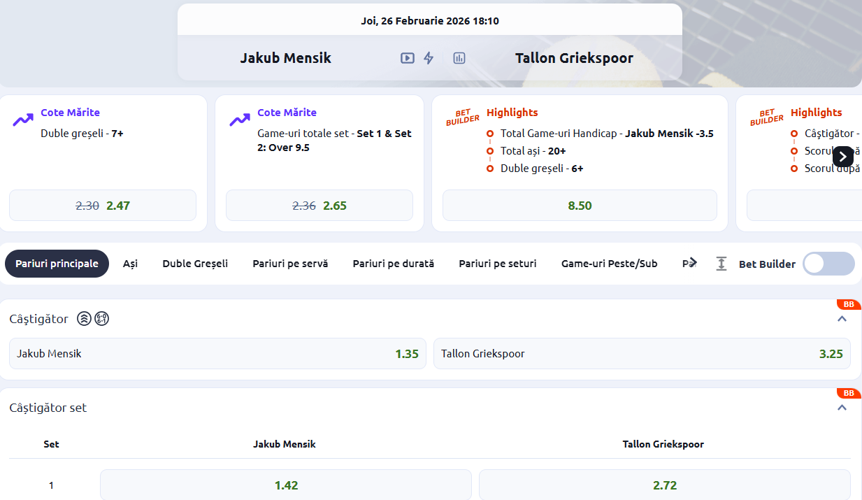 Cote Pariuri Jakub Mensik vs Tallon Griekspoor