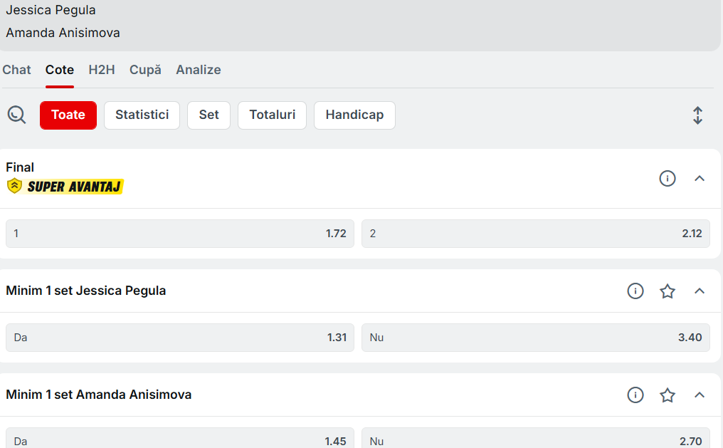 Cote Pariuri Jessica Pegula vs Amanda Anisimova