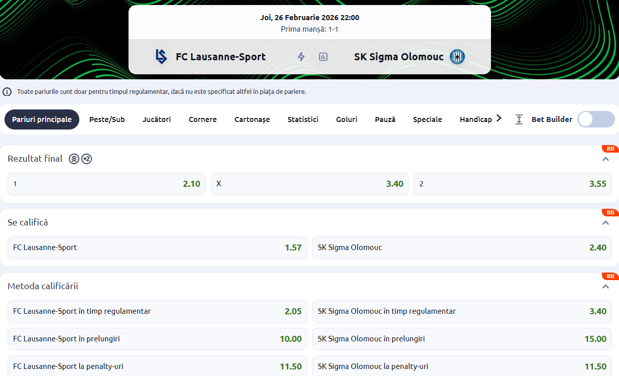 Cote Pariuri Lausanne vs Sigma Olomuc