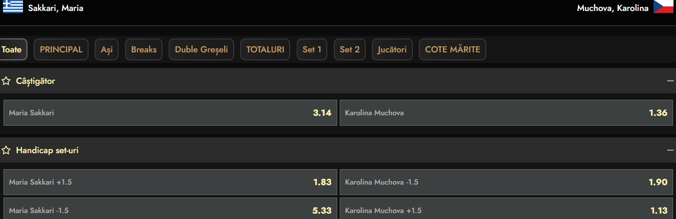 Cote Pariuri Maria Sakkari vs Karolina Muchova