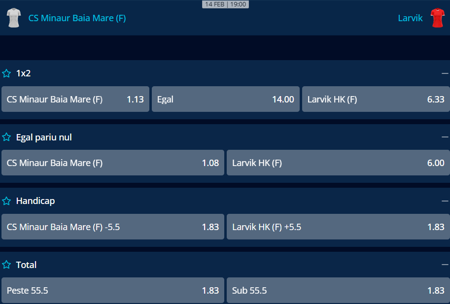 Cote Pariuri Minaur Baia Mare vs Larvik