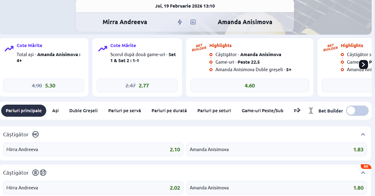 Cote Pariuri Mirra Andreeva vs Amanda Anisimova