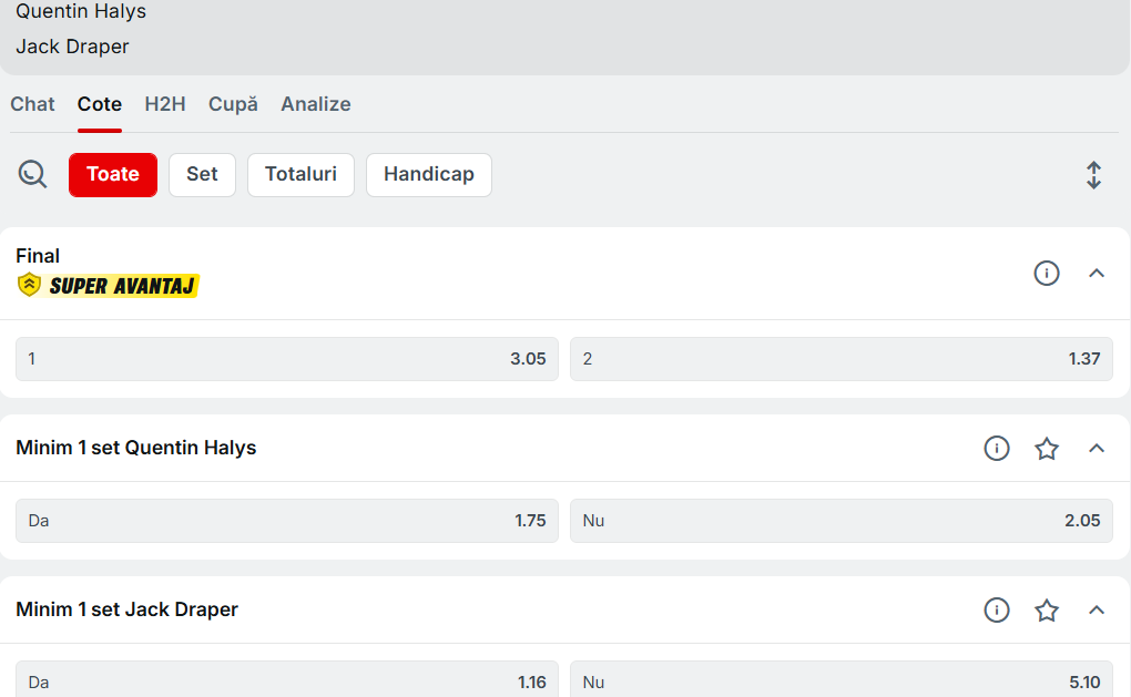 Cote Pariuri Quentin Halys vs Jack Draper