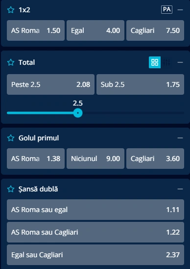 Cote pariuri AS Roma vs Cagliari la Mr Bit