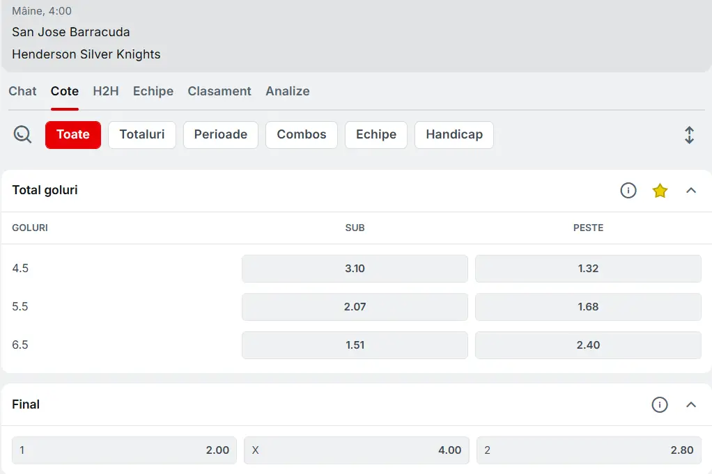 Cote pariuri Barracuda vs Henderson - AHL 15 Februarie 2026