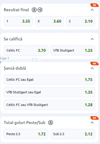 Cote pariuri Celtic vs Stuttgart la Betano