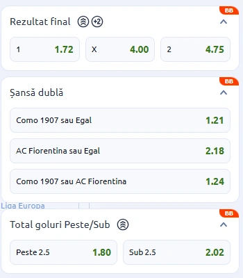 Cote pariuri Como vs Fiorentina la Betano