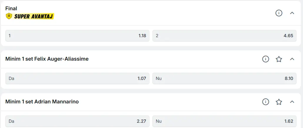 Cote pariuri Felix Auger-Aliassime vs Adrian Mannarino - finala ”Open Sud de France”
