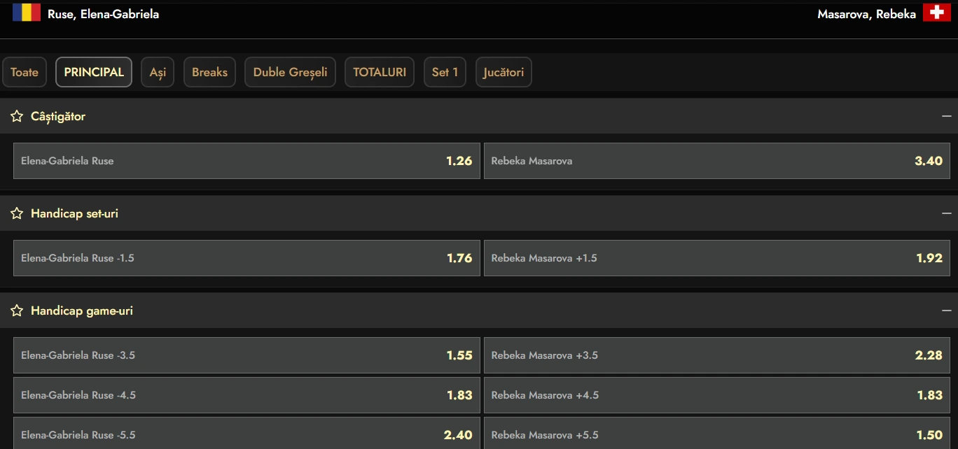 Cote pariuri Gabriela Ruse vs Rebeka Masarova - primul tur de la Transylvania Open 2026