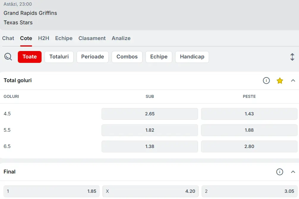 Cote pariuri Grand Rapids vs Texas Stars - AHL 15 Februarie 2026