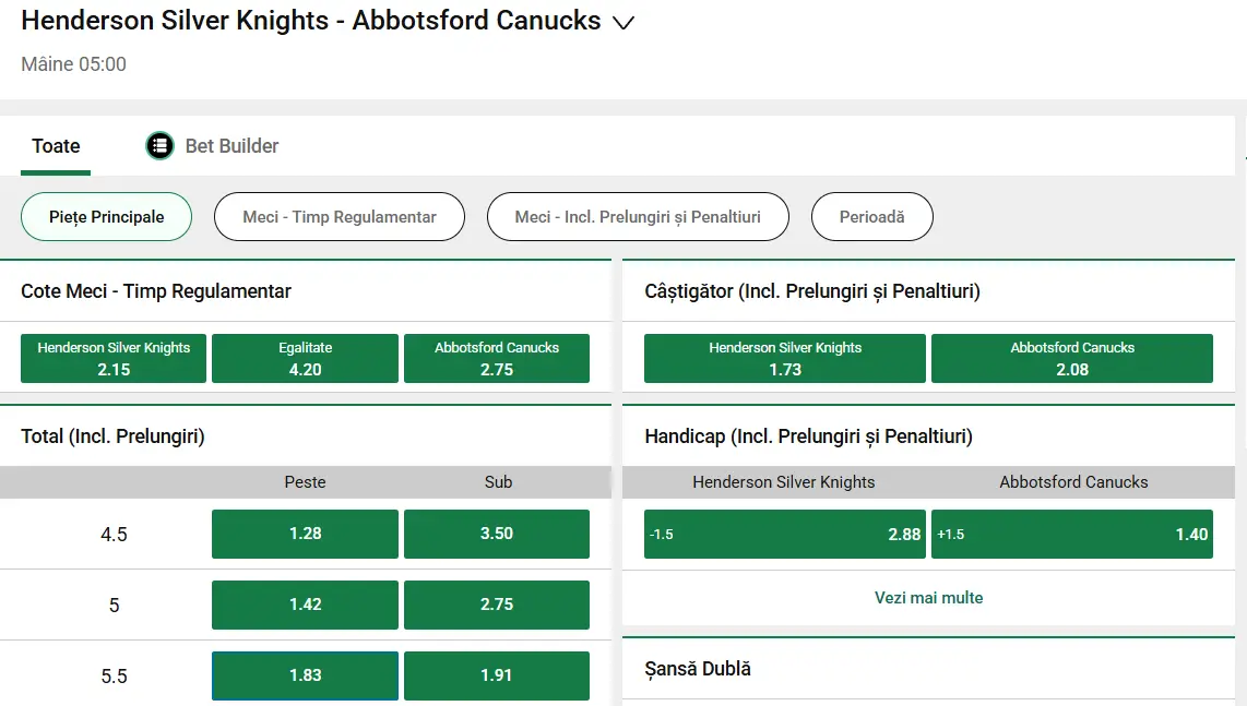 Cote pariuri Henderson Silver Knights vs Abbotsford Canucks - AHL Hochei 21 Februarie 2026