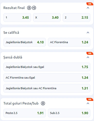 Cote pariuri Jagiellonia vs Fiorentina la Betano
