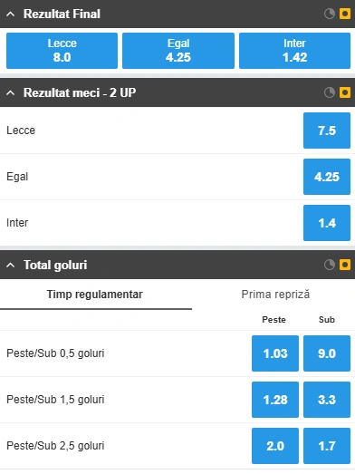 Cote pariuri Lecce vs Inter Milan la Betfair
