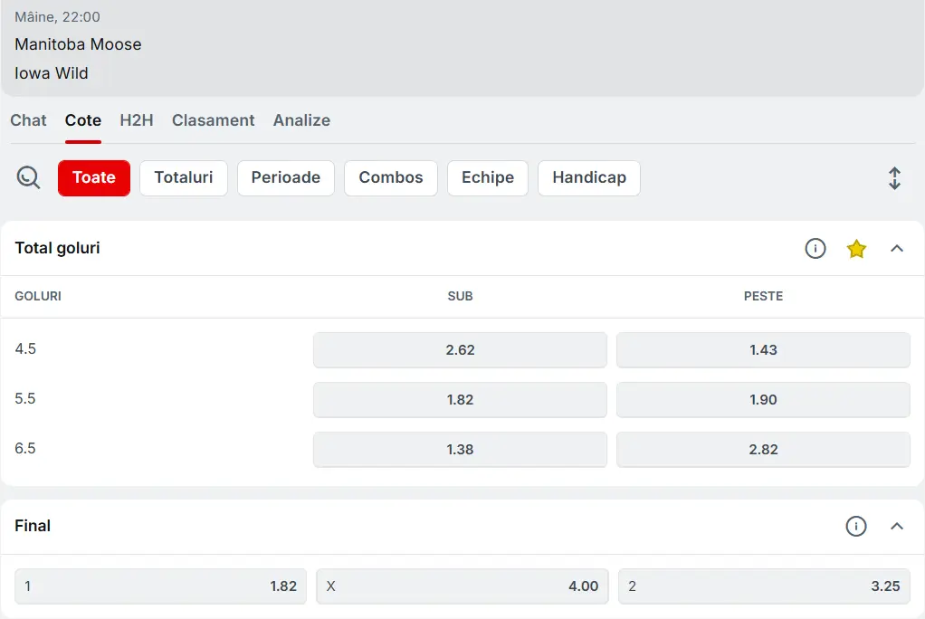 Cote pariuri Manitoba Moose vs Iowa Wild - Hochei AHL 21 Februarie 2026