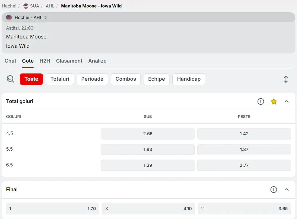 Cote pariuri Manitoba Moose vs Iowa Wild - Hochei AHL 22 Februarie 2026