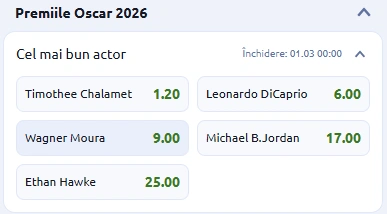 Cote pariuri Premiile Oscar 2026 cel mai bun actor într-un rol principal la betano