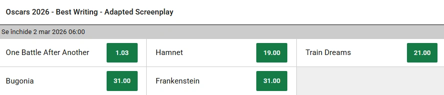 Cote pariuri Premiile Oscar 2026 unibet cel mai bun scenariu adaptat