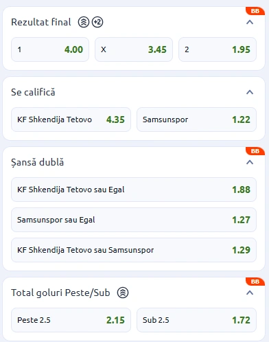 Cote pariuri Shkendija vs Samsunspor la Betano