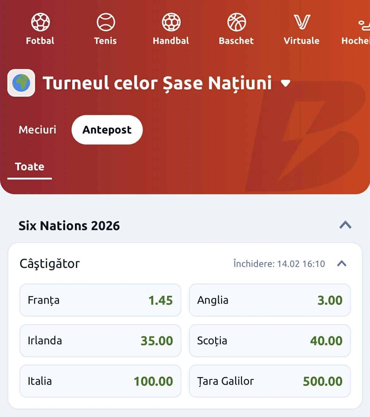 Cote pariuri Turneul celor 6 națiuni 2026 Betano