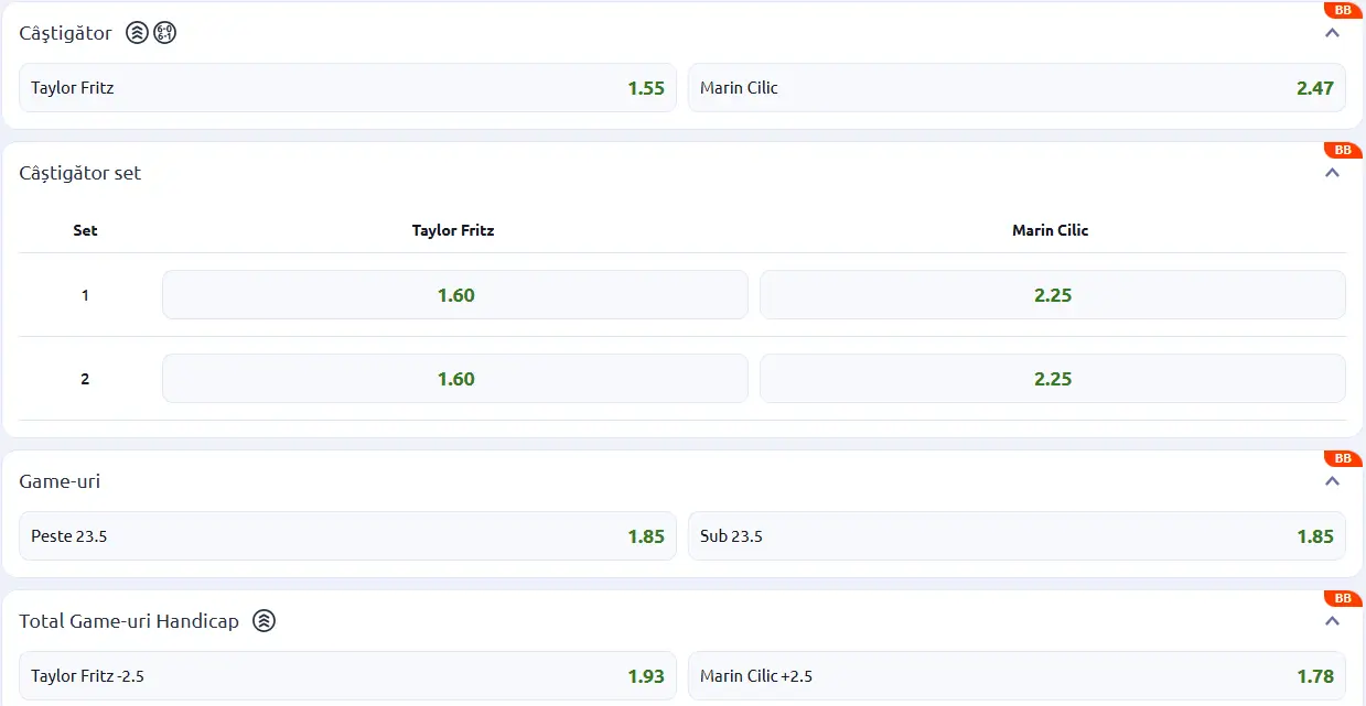 Cote pariuri la Betano - Taylor Fritz vs Marin Cilic, semifinale Nexo 2026 Dallas Open